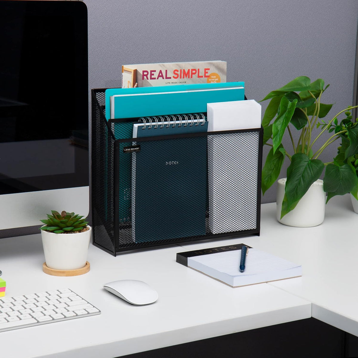 Vertical File Storage, Desktop Organizer, Workspace, Office, Metal Mesh, 12.5"L x 3.75"W x 11.5"H, Black