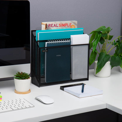 Vertical File Storage, Desktop Organizer, Workspace, Office, Metal Mesh, 12.5"L x 3.75"W x 11.5"H, Black