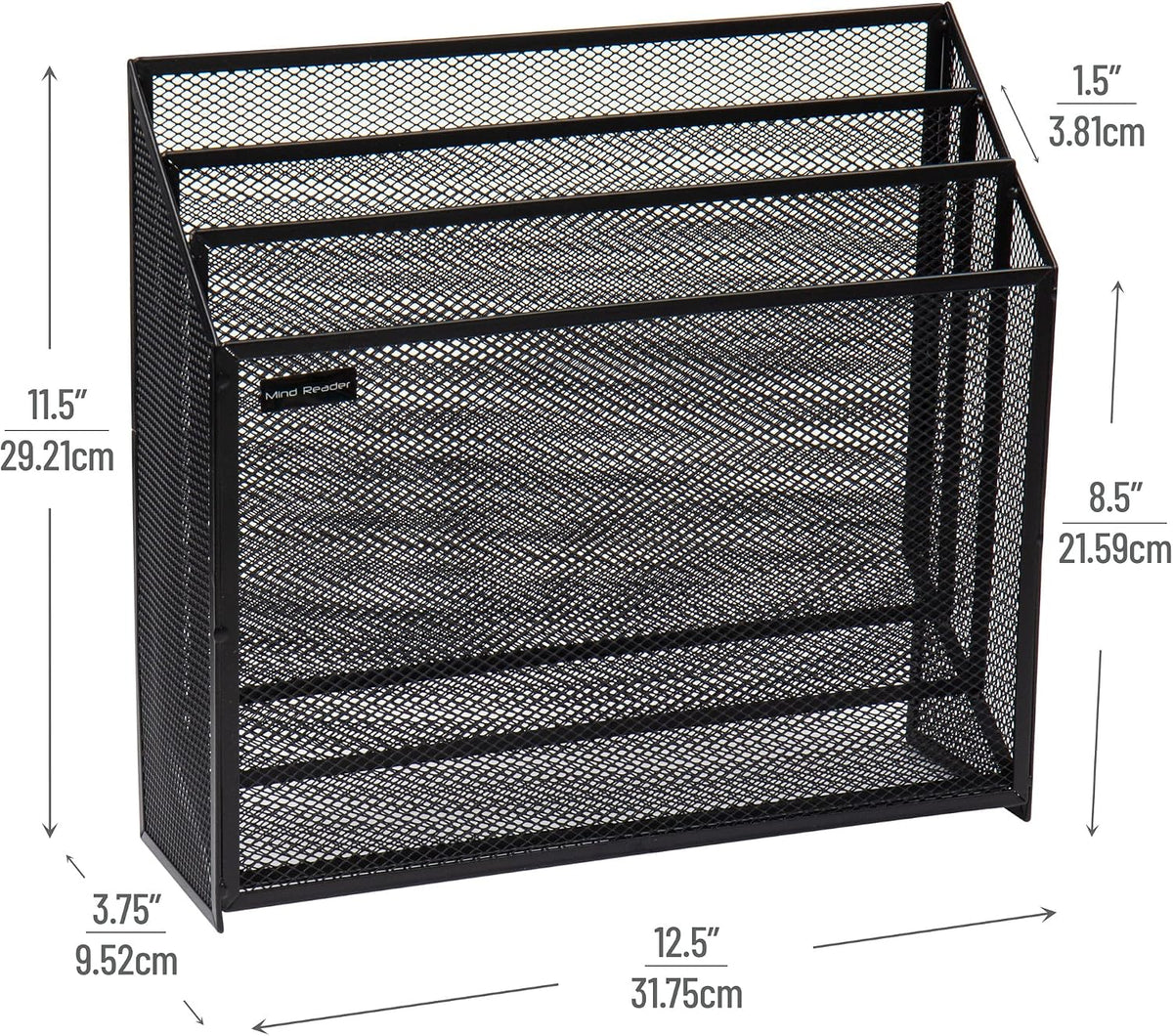 Vertical File Storage, Desktop Organizer, Workspace, Office, Metal Mesh, 12.5"L x 3.75"W x 11.5"H, Black