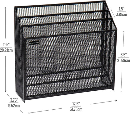 Vertical File Storage, Desktop Organizer, Workspace, Office, Metal Mesh, 12.5"L x 3.75"W x 11.5"H, Black