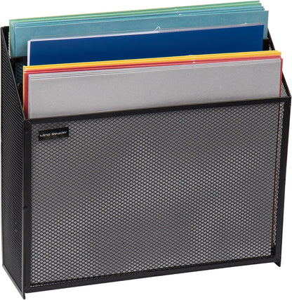 Vertical File Storage, Desktop Organizer, Workspace, Office, Metal Mesh, 12.5"L x 3.75"W x 11.5"H, Black