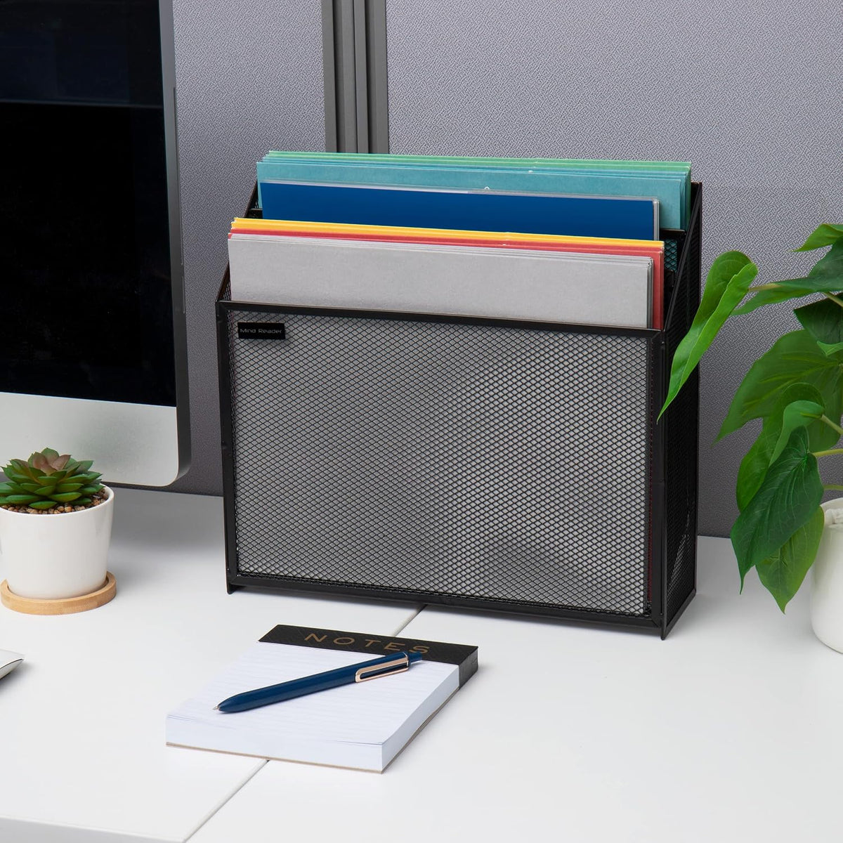 Vertical File Storage, Desktop Organizer, Workspace, Office, Metal Mesh, 12.5"L x 3.75"W x 11.5"H, Black