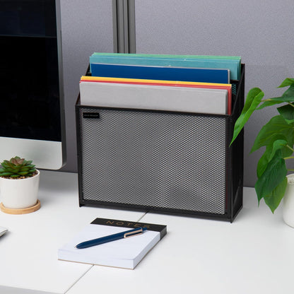 Vertical File Storage, Desktop Organizer, Workspace, Office, Metal Mesh, 12.5"L x 3.75"W x 11.5"H, Black