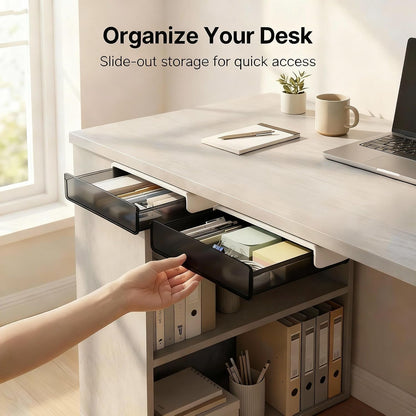 Self-adhesive Under Desk Drawer Organizer, 2 Pack Table Hidden Slide Out Large Storage Mounted Desktop Pencil Holder Tray Drawers for Office Home School Stationery Kitchen (Large, White)