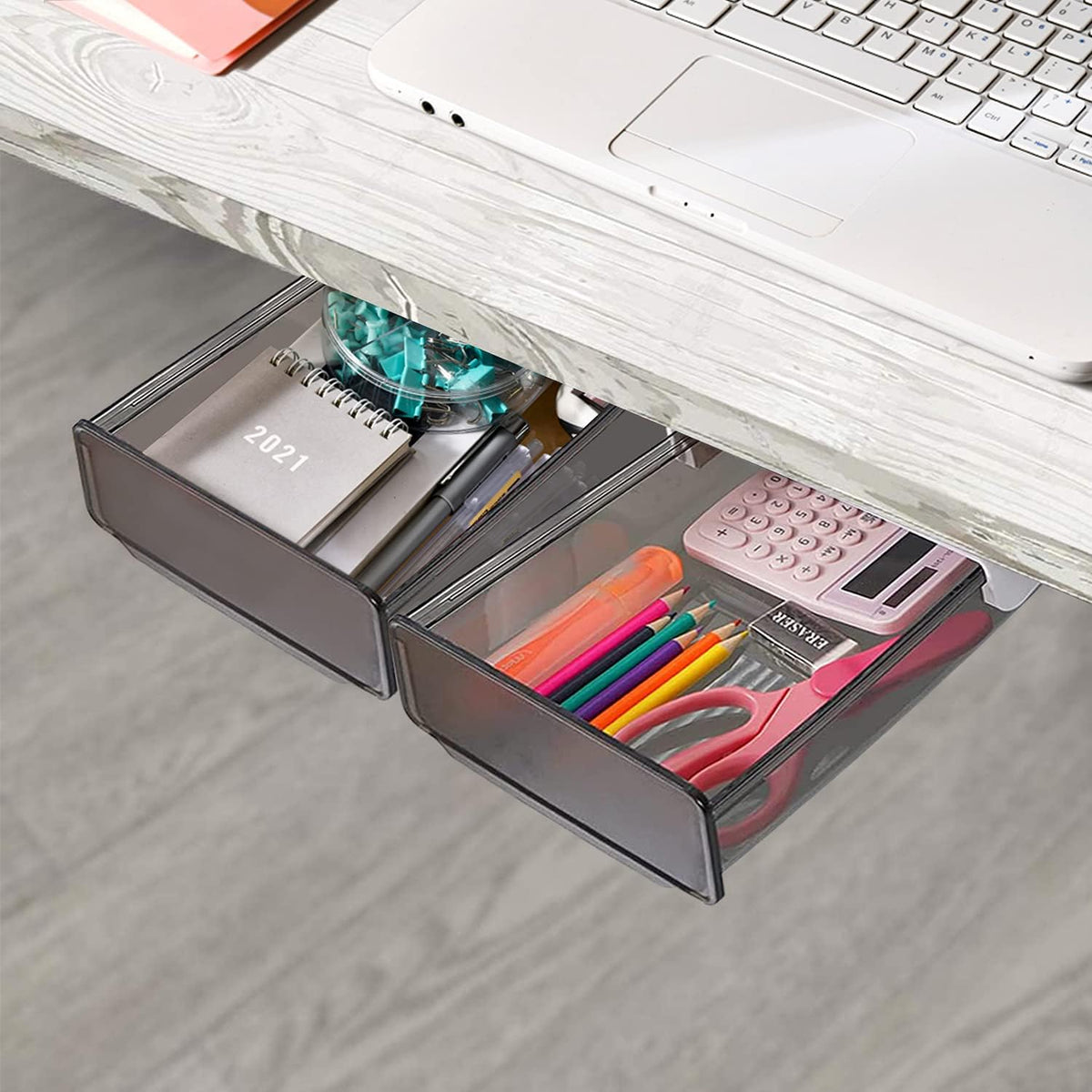 Self-adhesive Under Desk Drawer Organizer, 2 Pack Table Hidden Slide Out Large Storage Mounted Desktop Pencil Holder Tray Drawers for Office Home School Stationery Kitchen (Large, White)