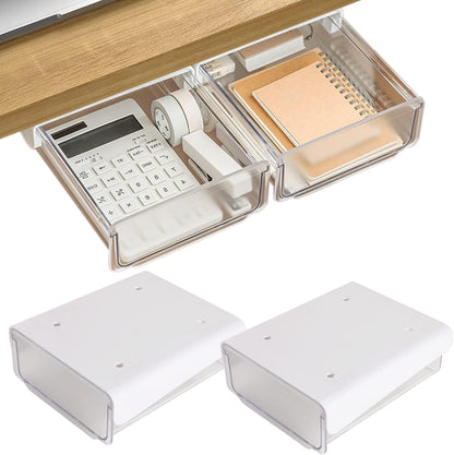 Self-adhesive Under Desk Drawer Organizer, 2 Pack Table Hidden Slide Out Large Storage Mounted Desktop Pencil Holder Tray Drawers for Office Home School Stationery Kitchen (Large, White)