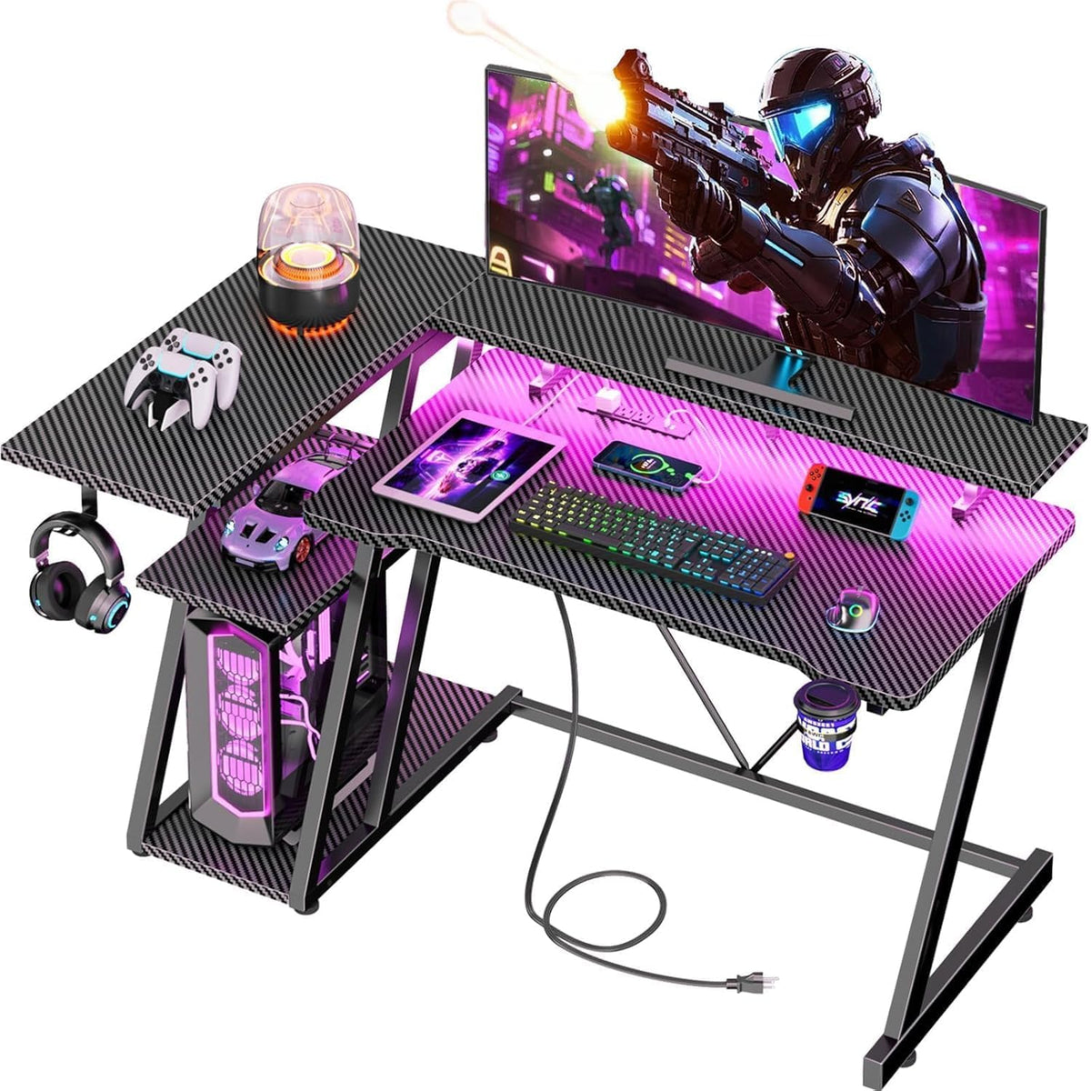 40 Inch Gaming Desk with Power Outlet, LED, Carbon Fiber Black