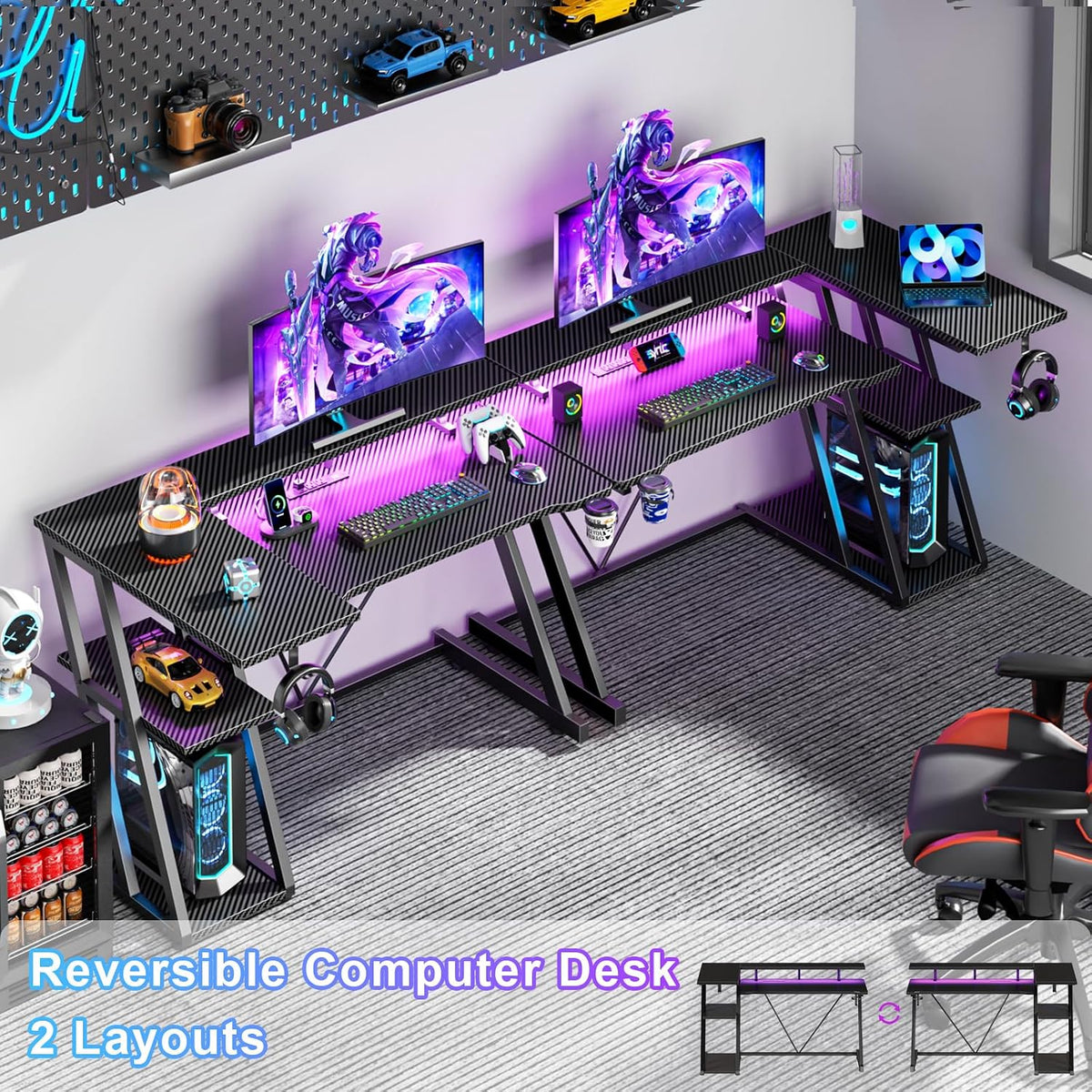 40 Inch Gaming Desk with Power Outlet, LED, Carbon Fiber Black