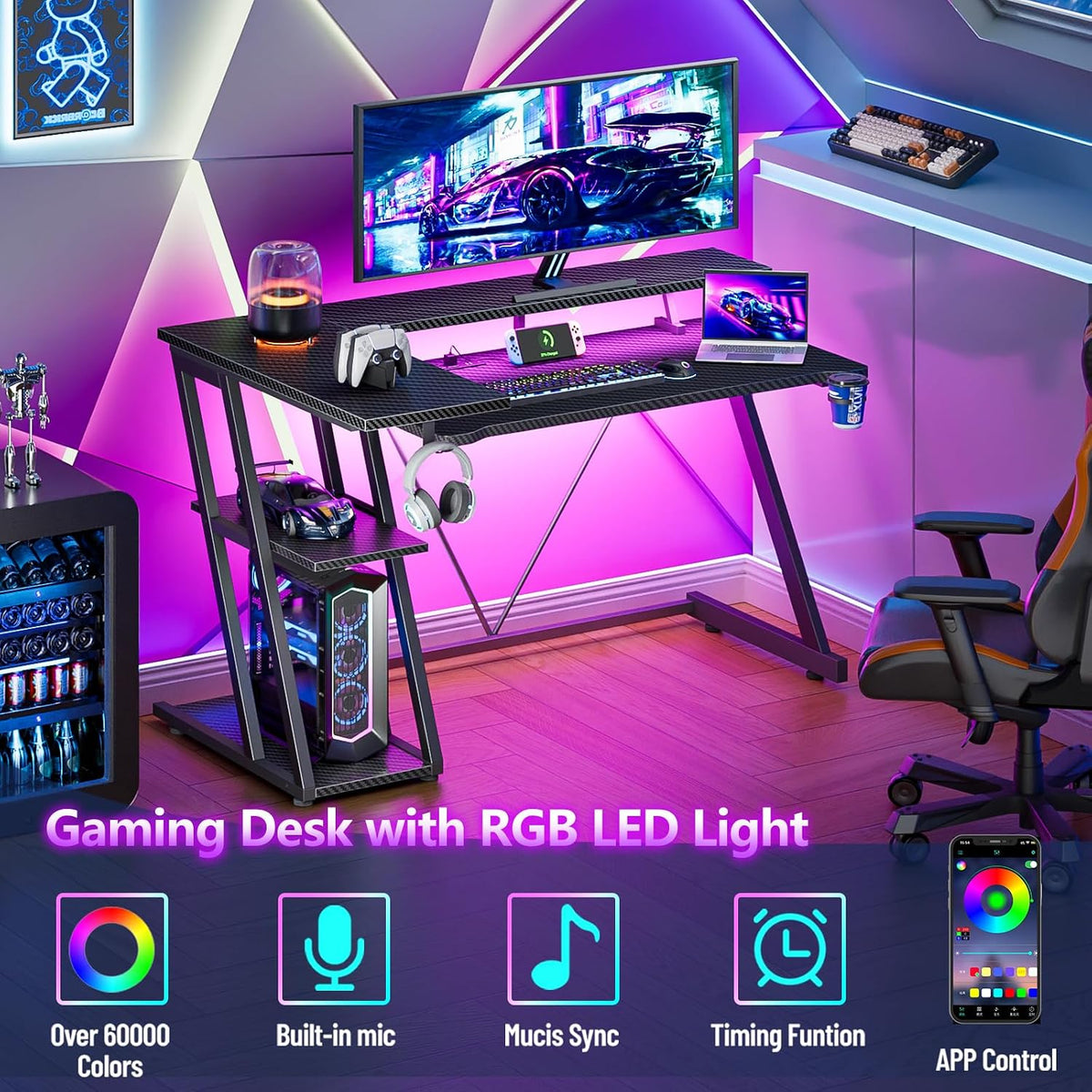 40 Inch Gaming Desk with Power Outlet, LED, Carbon Fiber Black