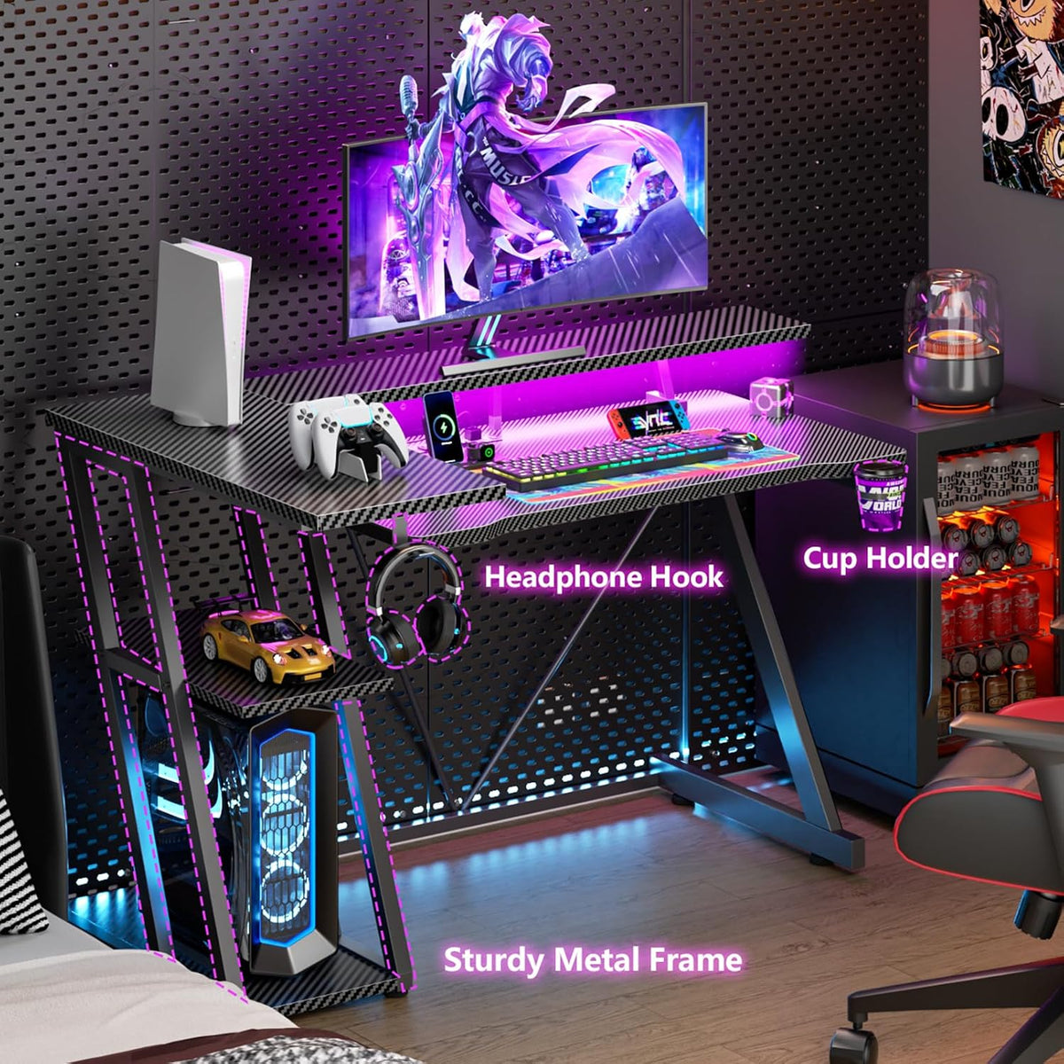 40 Inch Gaming Desk with Power Outlet, LED, Carbon Fiber Black