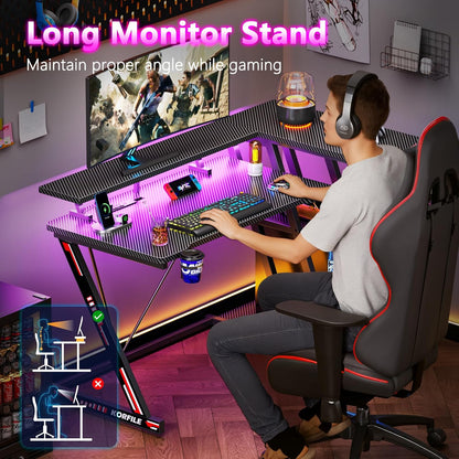 40 Inch Gaming Desk with Power Outlet, LED, Carbon Fiber Black