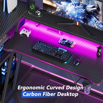 40 Inch Gaming Desk with Power Outlet, LED, Carbon Fiber Black