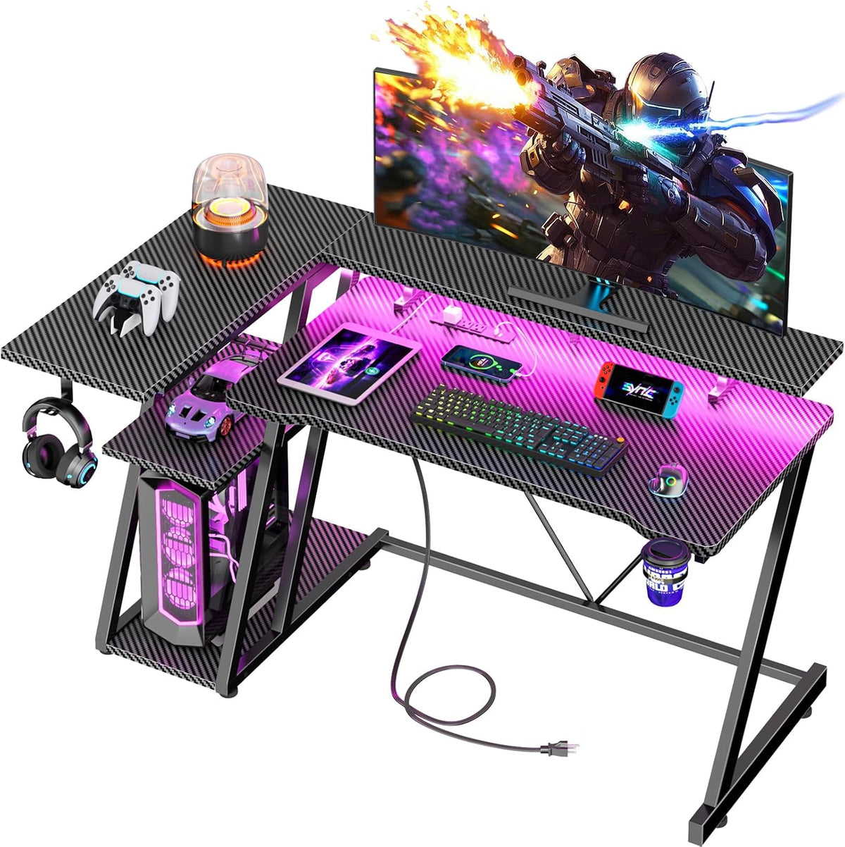 40 Inch Gaming Desk with Power Outlet, LED, Carbon Fiber Black