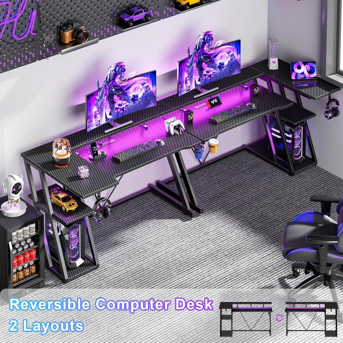 40 Inch Gaming Desk with Power Outlet, LED, Carbon Fiber Black