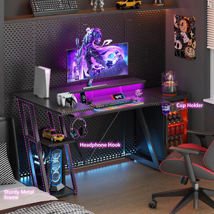 40 Inch Gaming Desk with Power Outlet, LED, Carbon Fiber Black