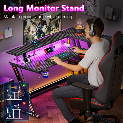 40 Inch Gaming Desk with Power Outlet, LED, Carbon Fiber Black
