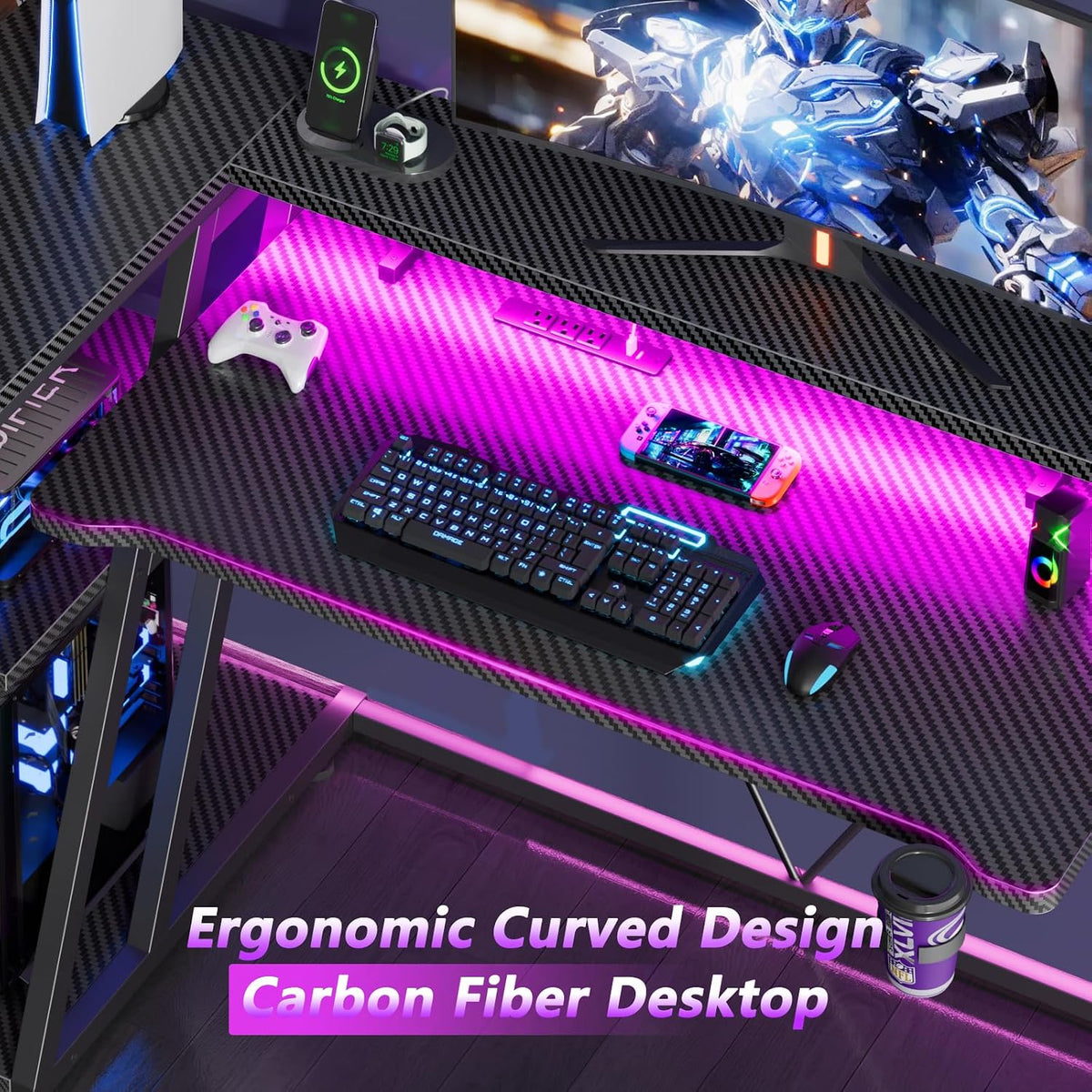 40 Inch Gaming Desk with Power Outlet, LED, Carbon Fiber Black