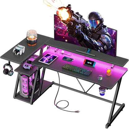 40 Inch Gaming Desk with Power Outlet, LED, Carbon Fiber Black