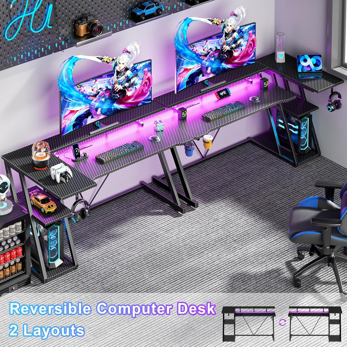 40 Inch Gaming Desk with Power Outlet, LED, Carbon Fiber Black