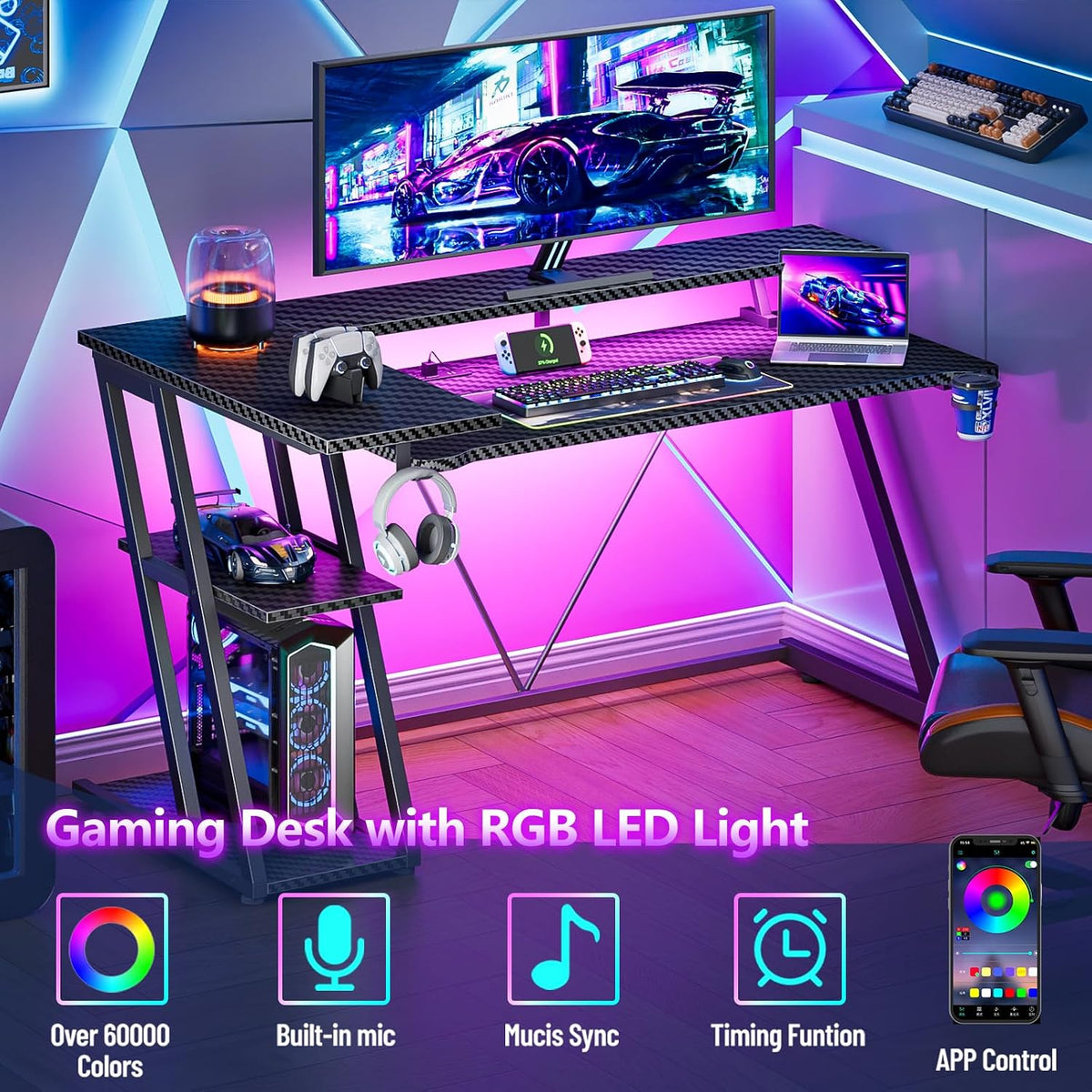 40 Inch Gaming Desk with Power Outlet, LED, Carbon Fiber Black