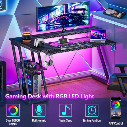 40 Inch Gaming Desk with Power Outlet, LED, Carbon Fiber Black