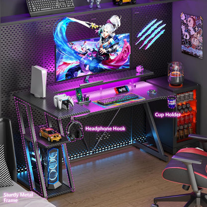 40 Inch Gaming Desk with Power Outlet, LED, Carbon Fiber Black