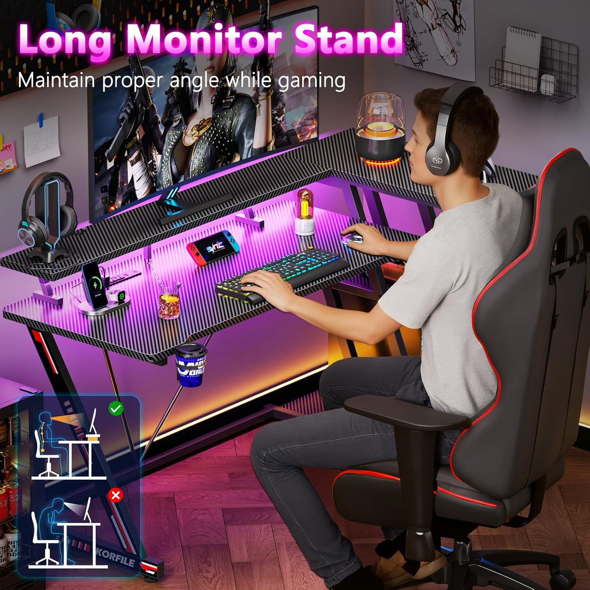 40 Inch Gaming Desk with Power Outlet, LED, Carbon Fiber Black