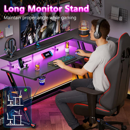 40 Inch Gaming Desk with Power Outlet, LED, Carbon Fiber Black