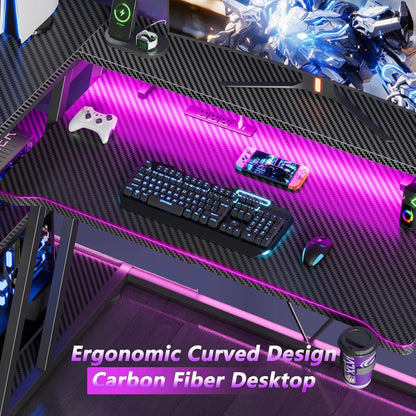 40 Inch Gaming Desk with Power Outlet, LED, Carbon Fiber Black