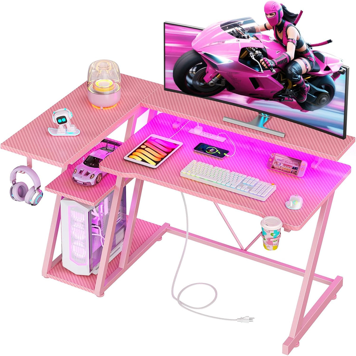 40 Inch Gaming Desk with Power Outlet, LED, Carbon Fiber Black