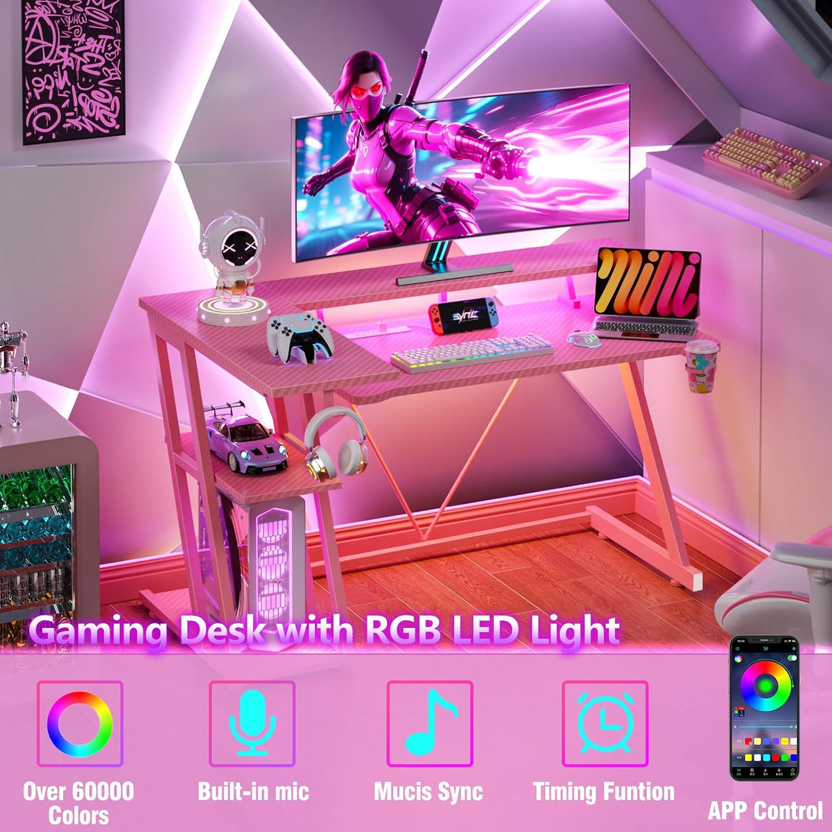 40 Inch Gaming Desk with Power Outlet, LED, Carbon Fiber Black