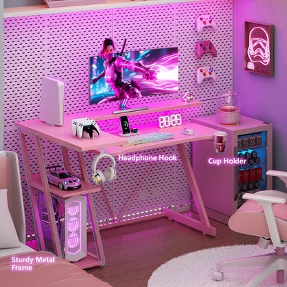 40 Inch Gaming Desk with Power Outlet, LED, Carbon Fiber Black