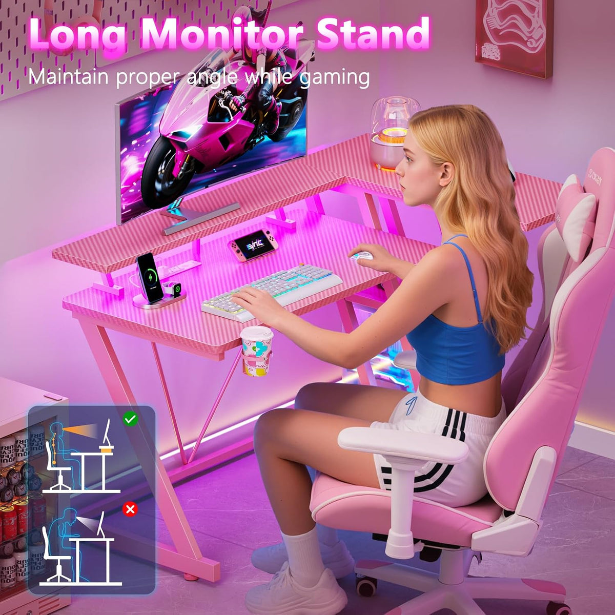 40 Inch Gaming Desk with Power Outlet, LED, Carbon Fiber Black