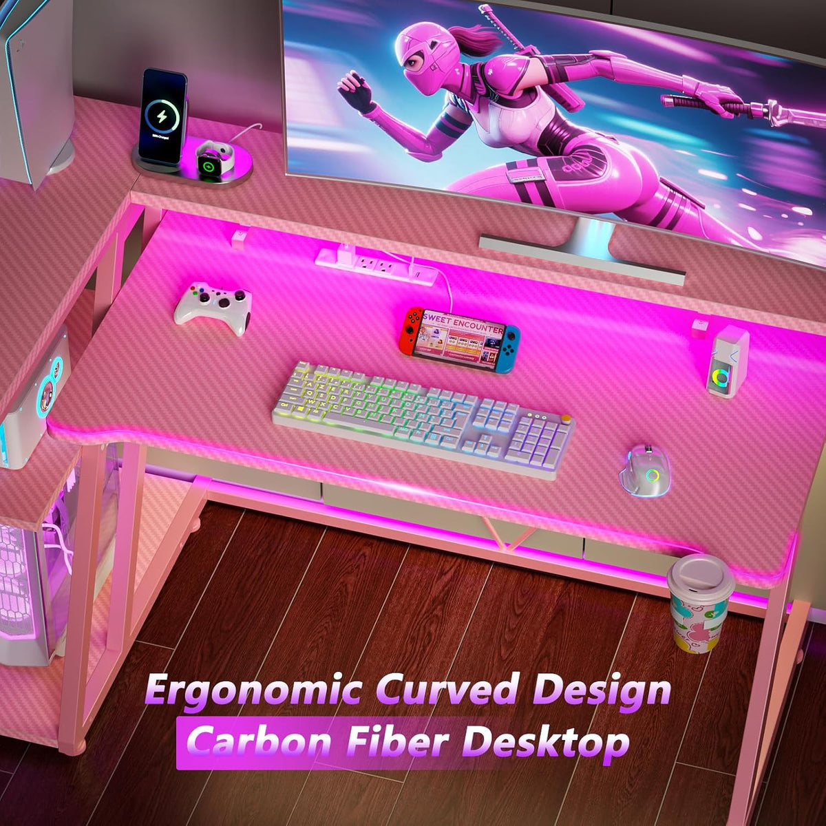 40 Inch Gaming Desk with Power Outlet, LED, Carbon Fiber Black
