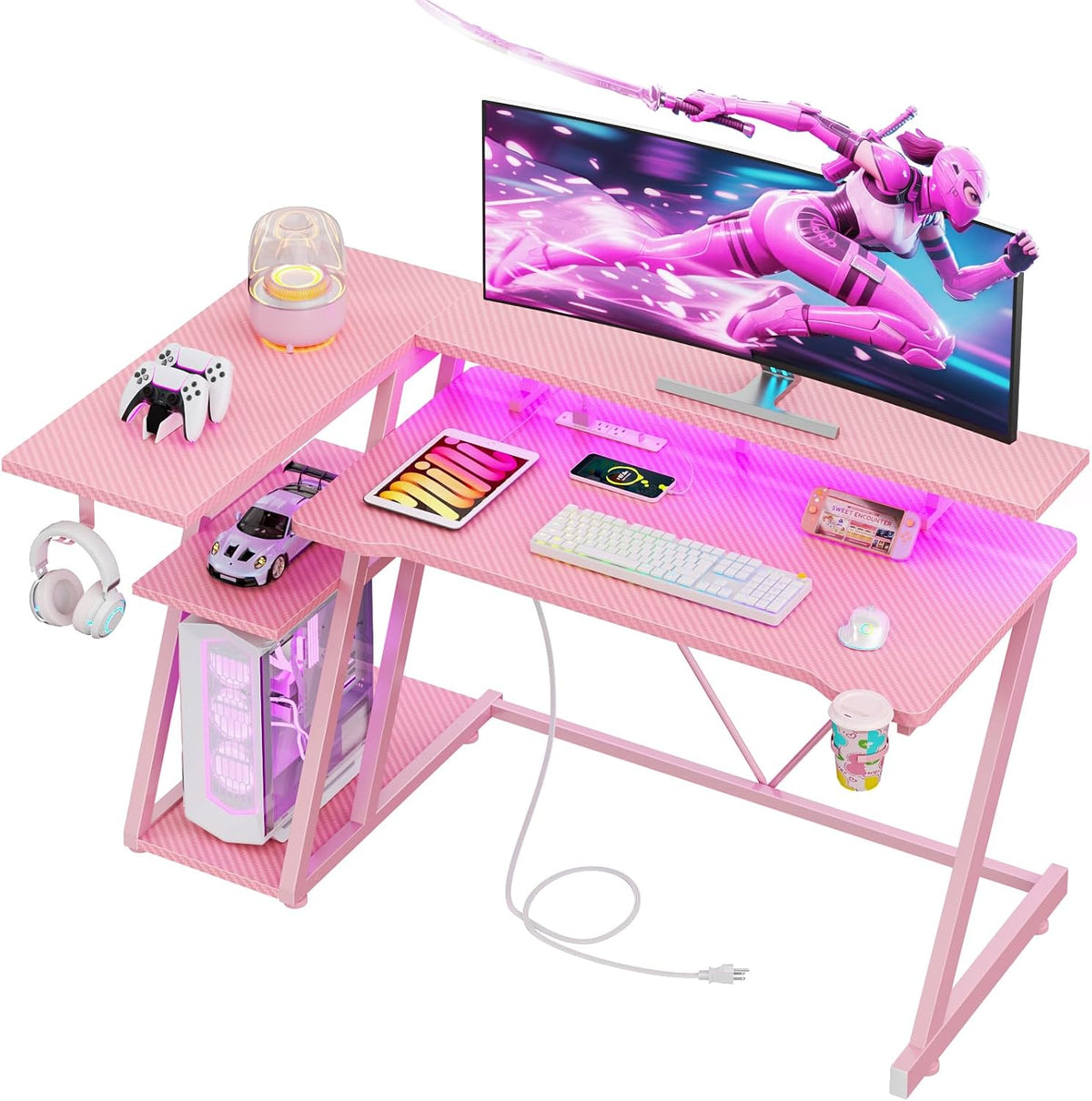 40 Inch Gaming Desk with Power Outlet, LED, Carbon Fiber Black
