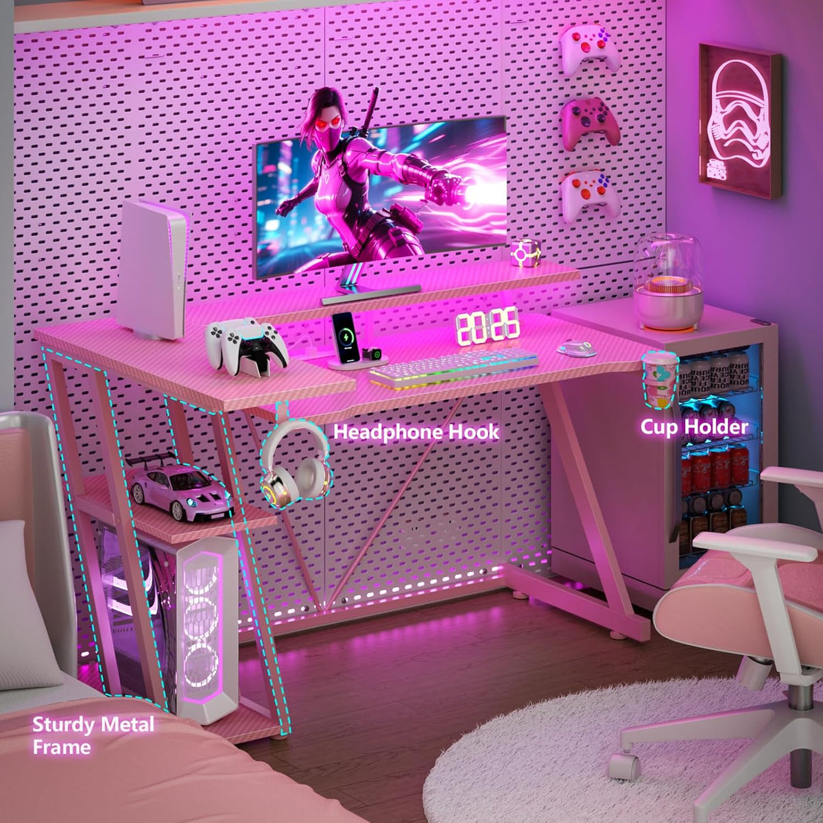 40 Inch Gaming Desk with Power Outlet, LED, Carbon Fiber Black