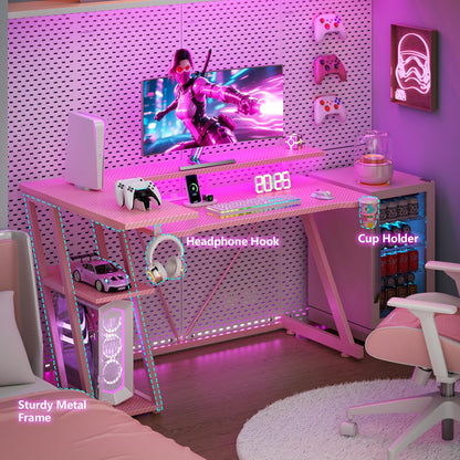 40 Inch Gaming Desk with Power Outlet, LED, Carbon Fiber Black