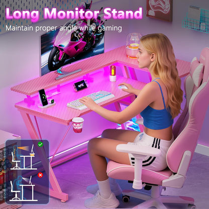 40 Inch Gaming Desk with Power Outlet, LED, Carbon Fiber Black