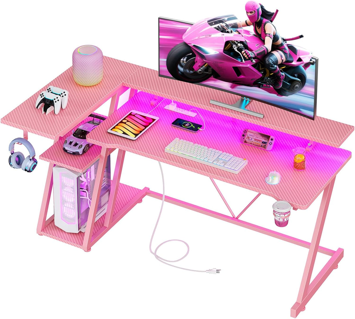 40 Inch Gaming Desk with Power Outlet, LED, Carbon Fiber Black
