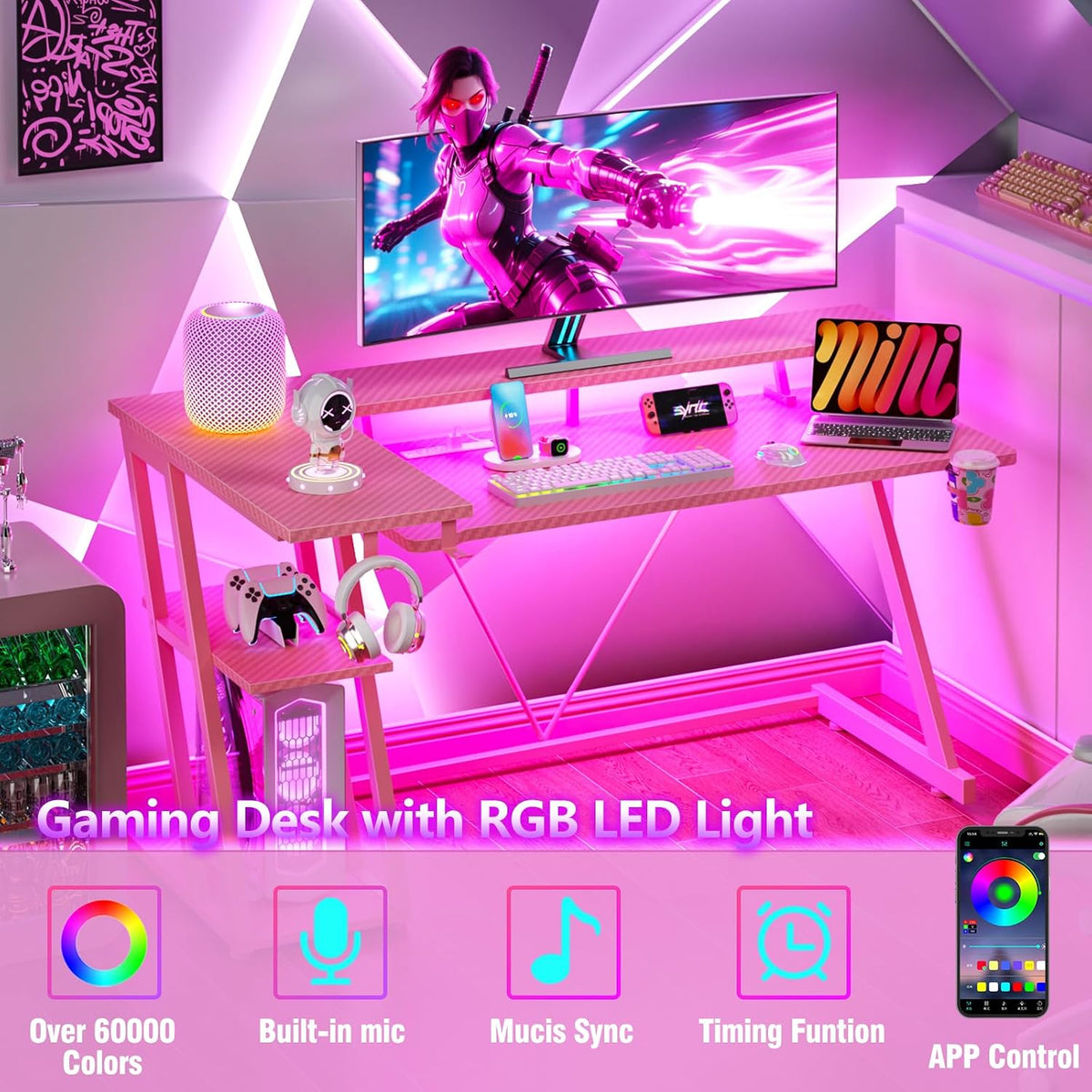 40 Inch Gaming Desk with Power Outlet, LED, Carbon Fiber Black
