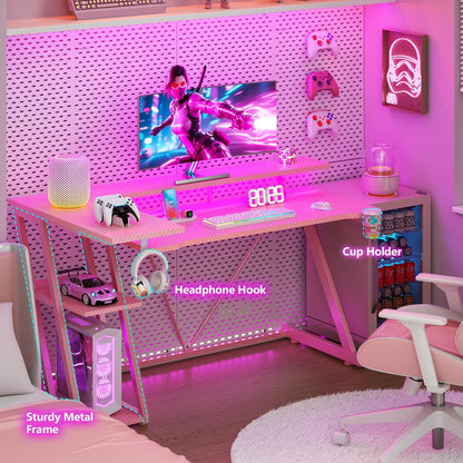 40 Inch Gaming Desk with Power Outlet, LED, Carbon Fiber Black