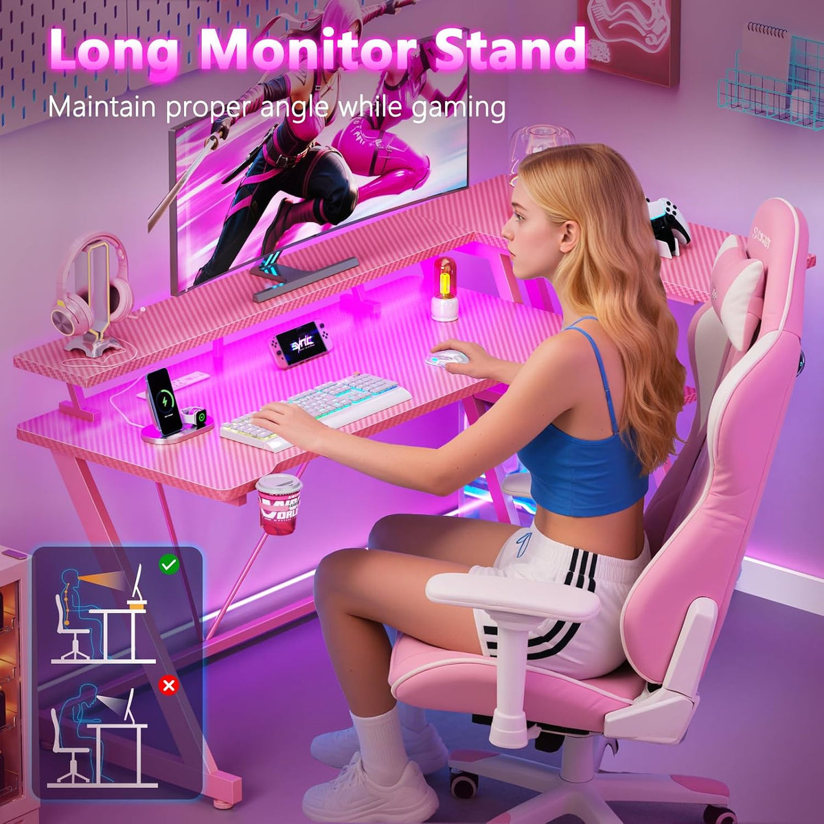40 Inch Gaming Desk with Power Outlet, LED, Carbon Fiber Black