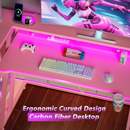 40 Inch Gaming Desk with Power Outlet, LED, Carbon Fiber Black