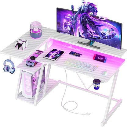 40 Inch Gaming Desk with Power Outlet, LED, Carbon Fiber Black