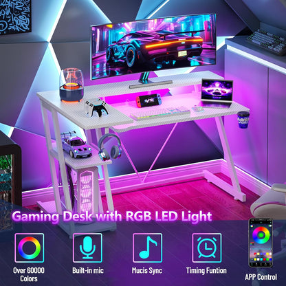 40 Inch Gaming Desk with Power Outlet, LED, Carbon Fiber Black
