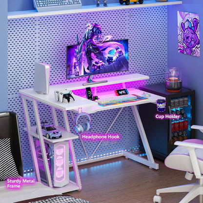 40 Inch Gaming Desk with Power Outlet, LED, Carbon Fiber Black