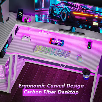 40 Inch Gaming Desk with Power Outlet, LED, Carbon Fiber Black