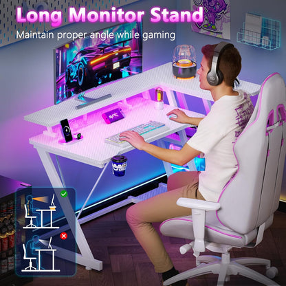 40 Inch Gaming Desk with Power Outlet, LED, Carbon Fiber Black