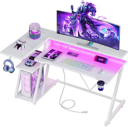 40 Inch Gaming Desk with Power Outlet, LED, Carbon Fiber Black