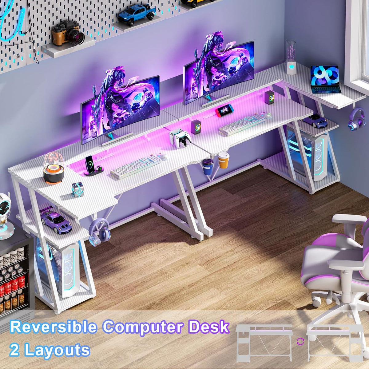 40 Inch Gaming Desk with Power Outlet, LED, Carbon Fiber Black